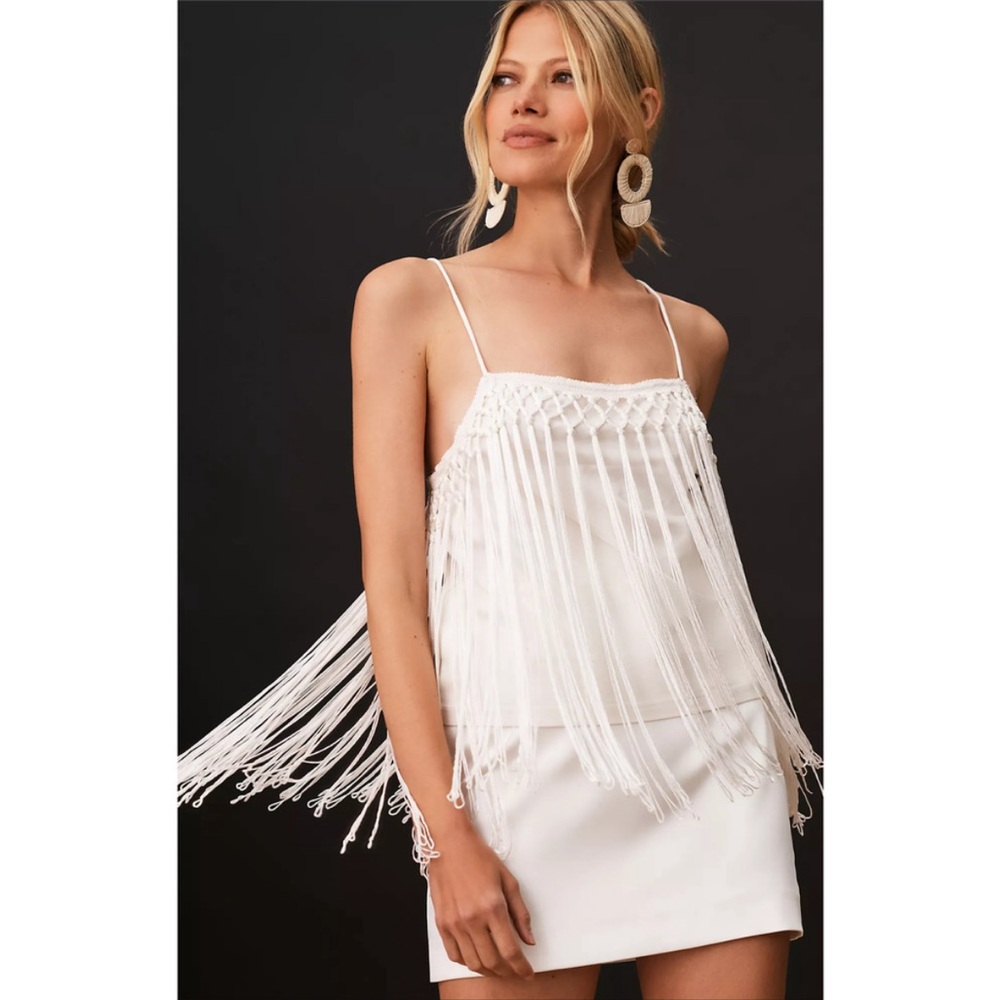 Anthropologie white tank top with spaghetti straps and long fringe